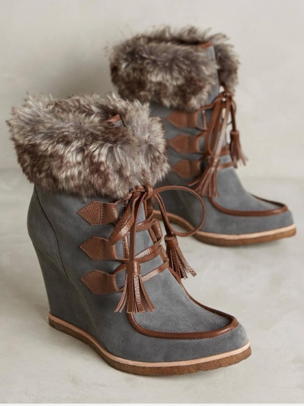 Splendid Targan Faux Fur Wedge Boots Gray Suede Brown Leather Tassel Booties 6.5